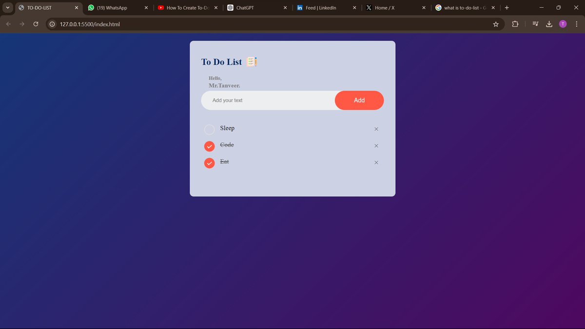 Tanaveer_'s tweet photo. Today, I completed a to-do list project! 🎉📋 The app helps users organize tasks by priority, making it easier to manage what needs to be done. I followed along with the "How To Create To-Do List App Using HTML CSS And JavaScript | Task App In JavaScript" video by GreatStack. 🚀 https://t.co/D9mKmMwcx7