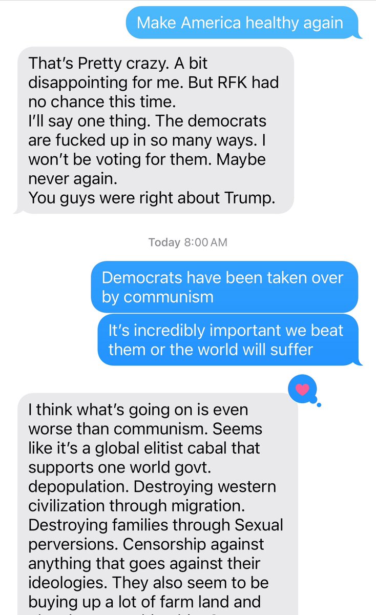realpeteyb123's tweet photo. “I’ll never vote for democrats again!”

Said one of my last friends that wasn’t on the Trump train.

He was voting Kennedy and I reached out to see where’s he’s at now.

His response was perfect and one I’d like to share here below:

-I think what’s going on is even worse than communism. 

Seems like it’s a global elitist cabal that supports one world govt. depopulation. 

Destroying western civilization through migration. 

Destroying families through Sexual perversions. 

Censorship against anything that goes against their ideologies. 

They also seem to be buying up a lot of farm land and planning something big. So many farmers have been protesting globally. 

And of course they have no issue with wars. 

World economic forum might be behind this. Claus schwabb seems to bluntly state some of these objectives. -

I told him this is a banger, and I’m going to share online. He approved.

We are going to win and make America great again and healthy again.

Who’s left voting for Kamala?
The lost, corrupted and degenerate.

We are going to win.