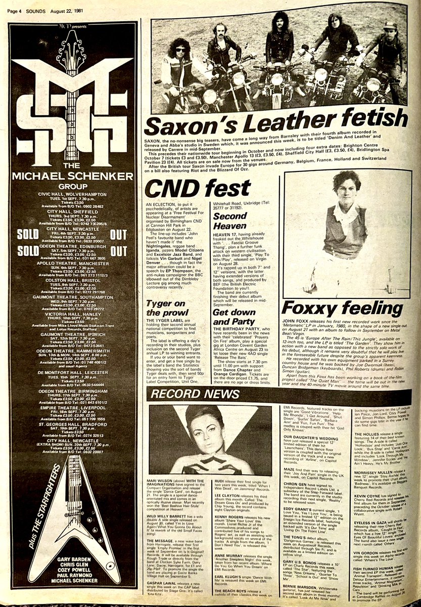 ZoundsAbound's tweet photo. This week’s round up of Tour & Record News featuring info on @MissBeehive #WildWillyBarrett @TheBeachBoys #ChronGen @garyusbonds #KevinCoyne #TheChords @WangChungMusic #GirlsAtOurBest #DollyMixture among many others
Sounds Aug 22nd 1981 https://t.co/IY9TBSCjsw