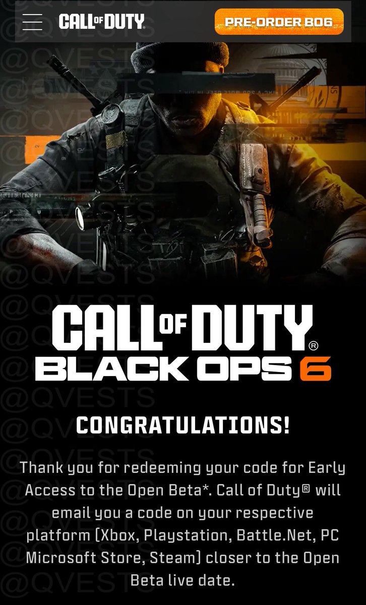 🚨 BO6 EARLY ACCESS BETA CODES GIVEAWAY 🚨

🏆 5 WINNERS (Ends in 72 Hours) 🏆

How to Enter:
1️⃣ Like/Retweet 👍
2️⃣ Follow @QVESTS 🫡
3️⃣ Reply with your platform 🎮

#CALLOFDUTY #BLACKOPS6 #BO6