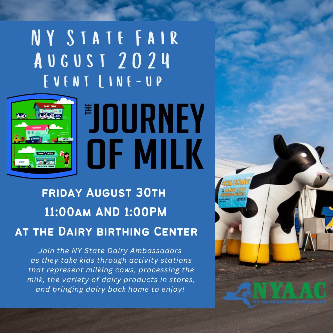 NYAnimalAg's tweet photo. Save the Date! โ ๐๏ธ
โ
On Thursday, August 30th, the NYS Dairy Ambassadors will have activity stations for the family to enjoy at the Dairy Cow Birthing Center, located at The Great New York State Fair! ๐ฅโ
#AgricultureEducations #MilkForHealth #NYStateFair #uddermiracles https://t.co/CV7XdrxoT9