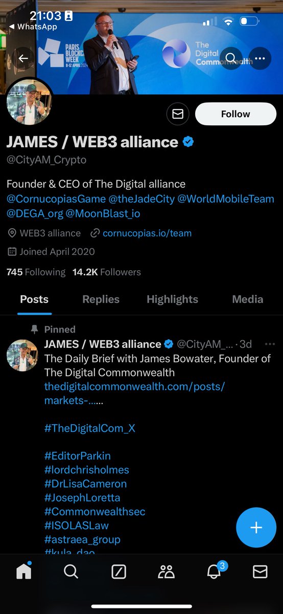 ALERT ‼️ 

It’s come to my attention that there is a scammer / impersonator who has taken my old City AM handle (<a href="/CityAM_Crypto/">JAMES / WEB3 alliance</a> )

Please do NOT interact with them, but instead block and report them 🙏🏻

<a href="/CityAM/">City A.M.</a> 

@TheDigitalCom_X <a href="/EditorParkin/">The Crypto Editor</a> @lordchrisholmes <a href="/DrLisaCameron/">DrLisaCameron 🌈 💙</a>