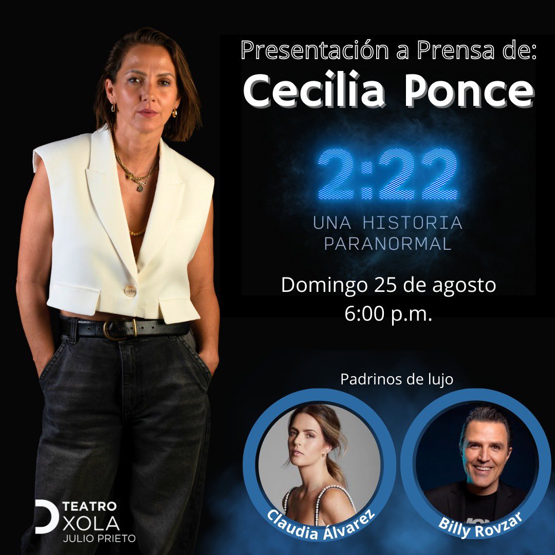 Damos la bienvenida a <a href="/ceciponk/">Ceci Ponce</a> al elenco de “2:22 una historia paranormal” <a href="/TeatroXola/">TEATRO XOLA</a> sábados 6:00 y 8:45 pm Domingos 6:00 pm #teatro #ceciponce #suspenso
Boletos en 222paranormal.mx/boletos