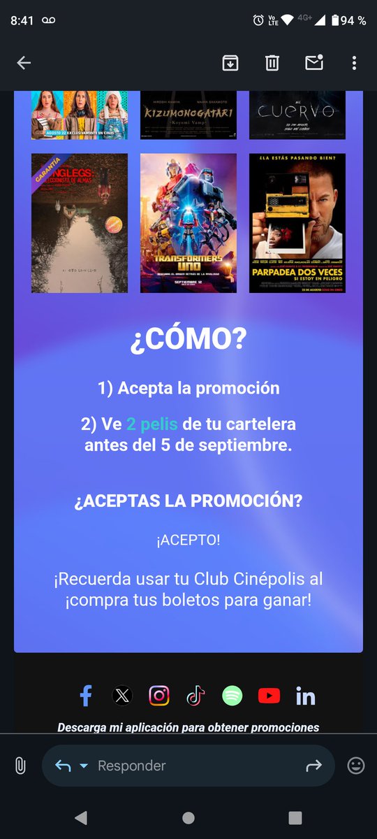 eezunigac's tweet photo. @AyudaCinepolis me llegó un reto por correo donde para empezar tengo que oprimir "Acepto" pero no está activado el botón, es solamente texto https://t.co/GLS2n2t7mr