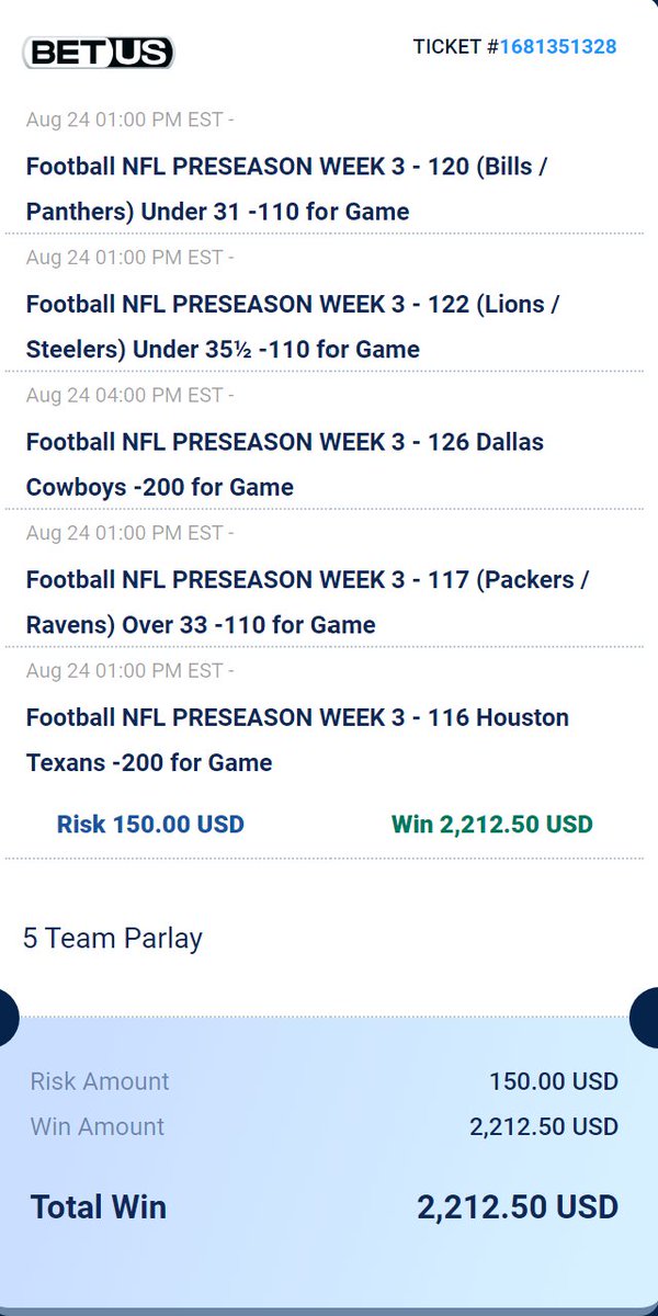 This is my 5-leg parlay for today's games courtesy of <a href="/BetUS_Official/">BetUS Sportsbook & Casino</a> 🔥🔥

Sign up using my link and get 125% bonus on your first three deposits up to $2,000!!! bit.ly/AkoyeMedia125S…

Let's Eat!
