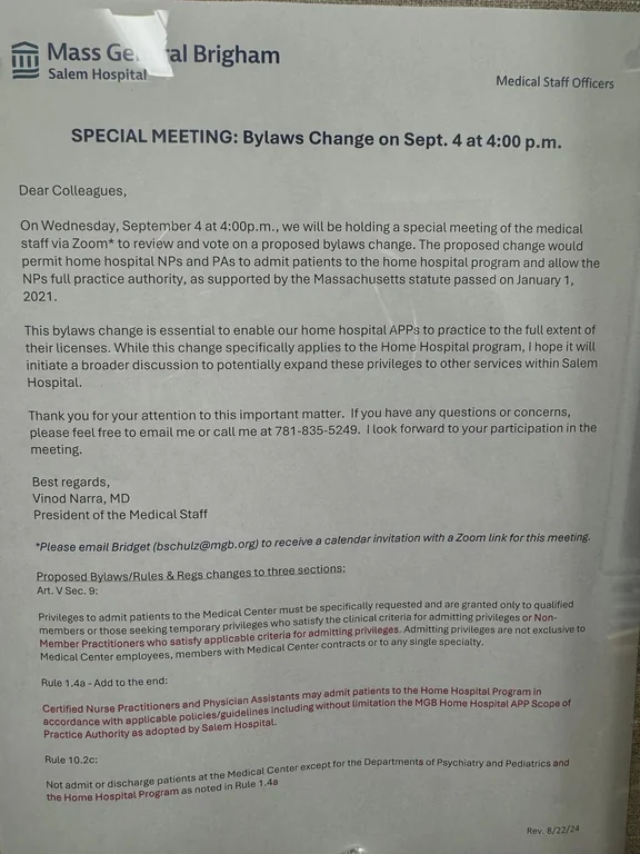 .<a href="/MassGenBrigham/">Mass General Brigham</a>-Salem Hospital seeks to change hospital bylaws to allow NPs independent practice

#MedTwitter
#StopScopeCreep
#NPsLead?