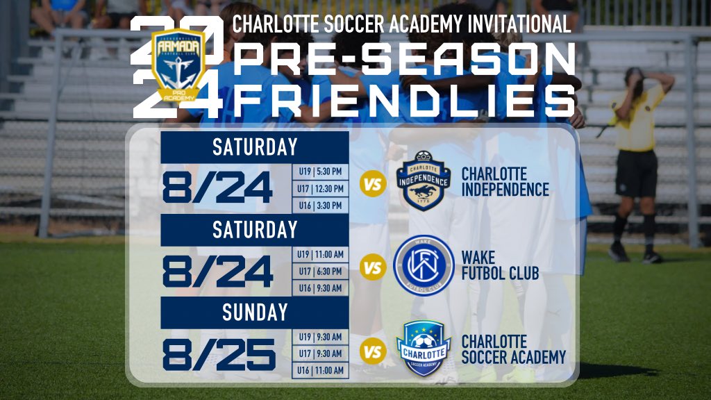 The <a href="/ArmadaFCAcademy/">Jacksonville Armada FC PRO Academy</a> kick off in Charlotte, North Carolina with a full slate of games this weekend!

<a href="/ArmadaFCAcademy/">Jacksonville Armada FC PRO Academy</a> | <a href="/MLSNEXT/">MLS NEXT</a>