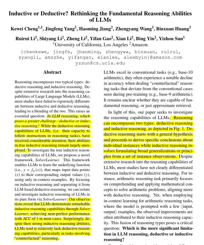 📌 Deductive reasoning presents a greater challenge than inductive reasoning for LLMs. While LLMs can often infer correct mapping functions inductively, they struggle to apply these functions deductively, especially for unfamiliar tasks.

👨‍🔧 Definition: Deductive reasoning is