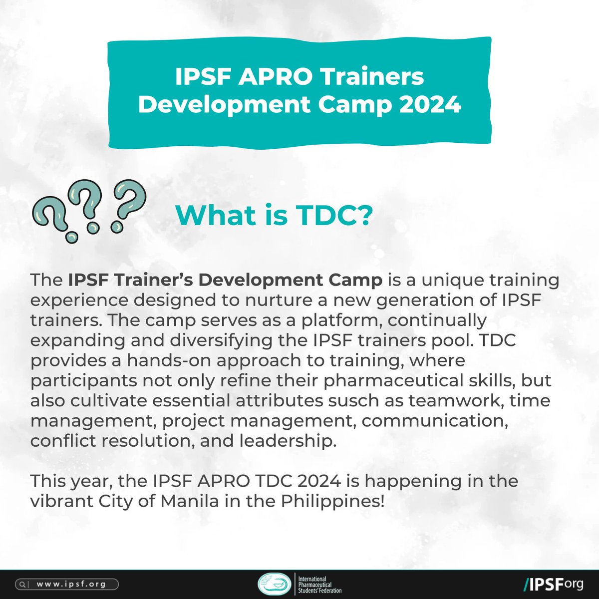 IPSForg's tweet photo. IPSF APRO Trainers' Development Camp (TDC) 2024 happening this September 25 - 30, 2024 in Manila, Philippines
Registration Form: https://t.co/8i07STqOF2
Registration Guidebook: https://t.co/3S4FldKXos
#75YearsOfIPSF
#IPSForg https://t.co/q7H30Rujws