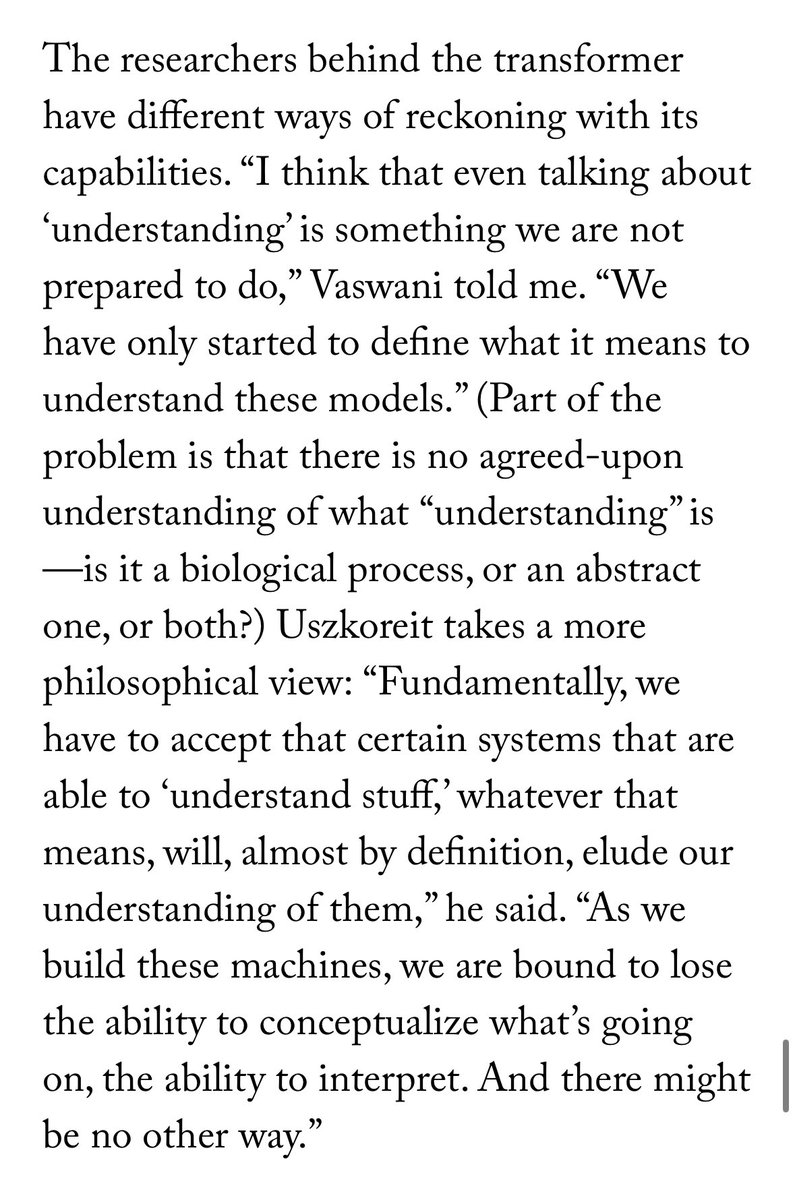 Almost immediately after ChatGPT, everyone took for granted the amazing fluent language capability of LLMs. The reality is no one knows why they’re so good. This article articulates this mystery well. 

Was Linguistic A.I. Created by Accident? newyorker.com/science/annals…