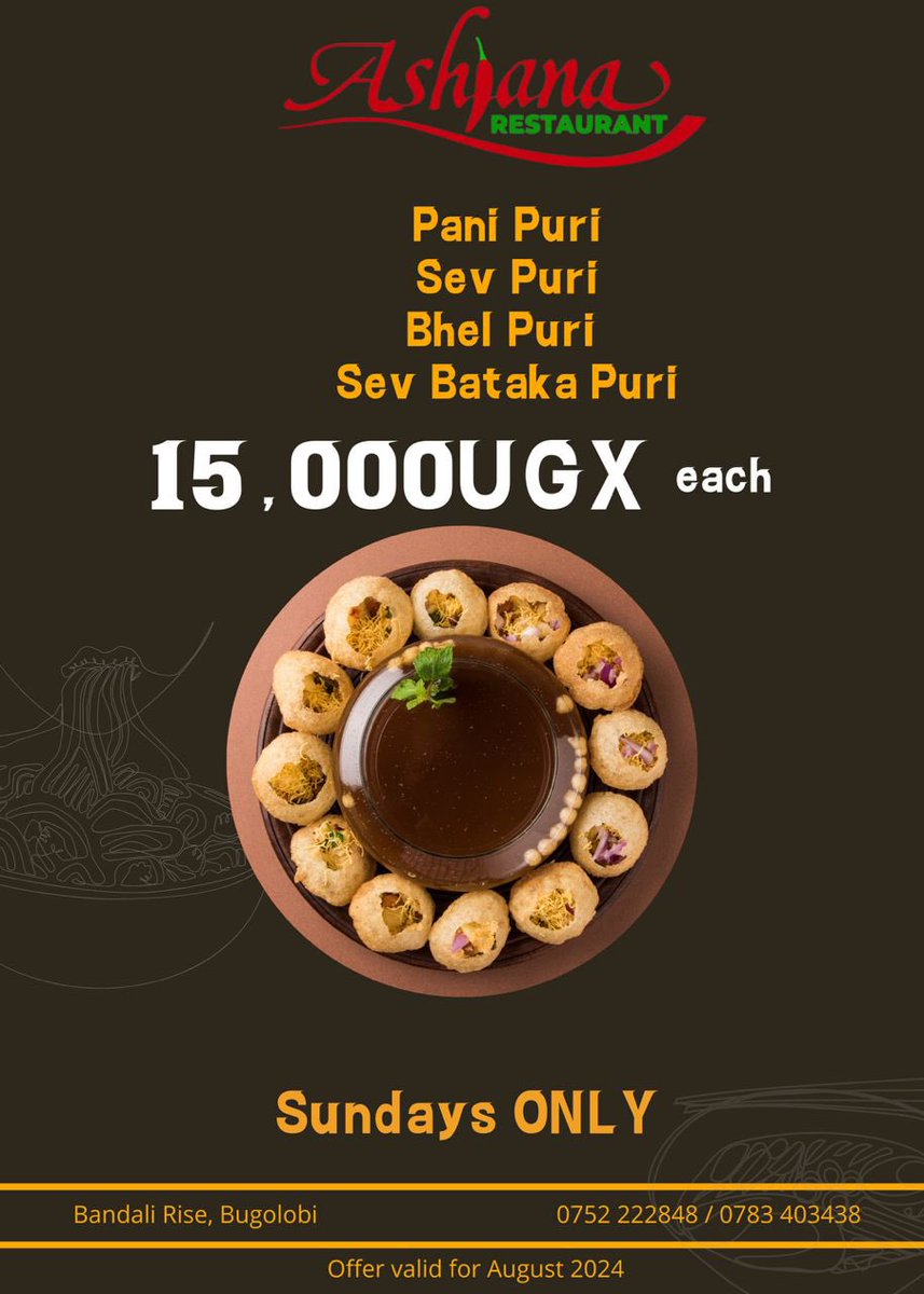 Make your Sunday Special! ☺️✨

Enjoy PaniPuri, Sev Puri, Bhel Puri, and Sev Bataka Puri at just 15,000 each! 🍽️🎉

Order now: 0752222848 / 0783403438.