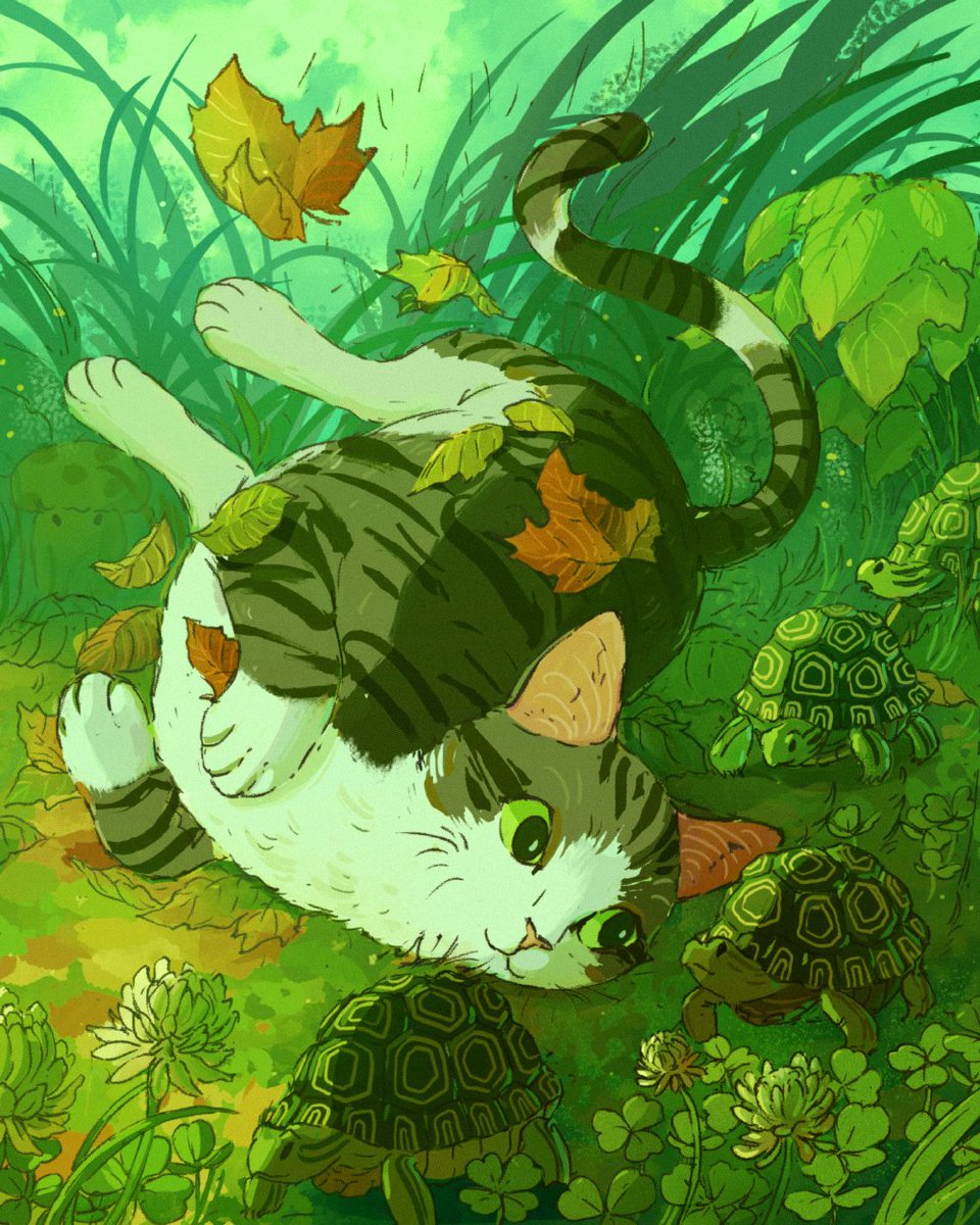 jramseyi's tweet photo. Cat rolling next to marching turtles 🐢 https://t.co/SExUmo2W2u