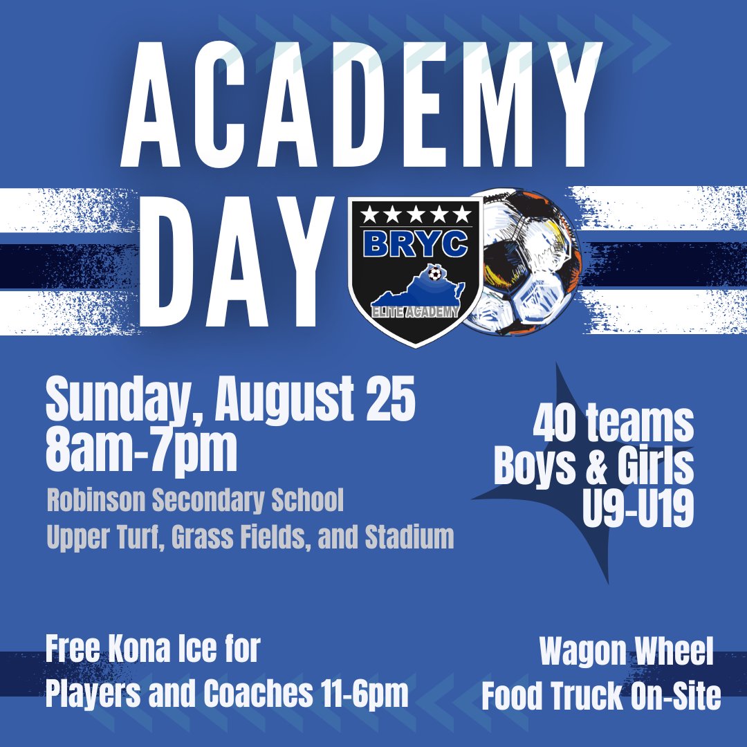 BRYC's ACADEMY DAY ⚽️ ⭐️ 💙 is this Sunday, August 25 @ Robinson HS. 40 teams, Boys &amp; Girls  U9-U19 
⚽️  🍦 FREE Kona Ice will be on-site for BRYC players and coaches (11-6pm) 
⚽️ 🌮 Wagon Wheel Food Truck at main entrance of RHS (11-4pm)
#BRYC #soccer
@fairfax_county_times