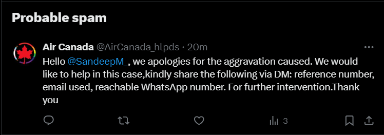SandeepM_'s tweet photo. @AirCanada_hlpds X flagged this as SPAM. Doesn't even seem to be a verified handle. Very suspicious. https://t.co/g6BWeIpGA2