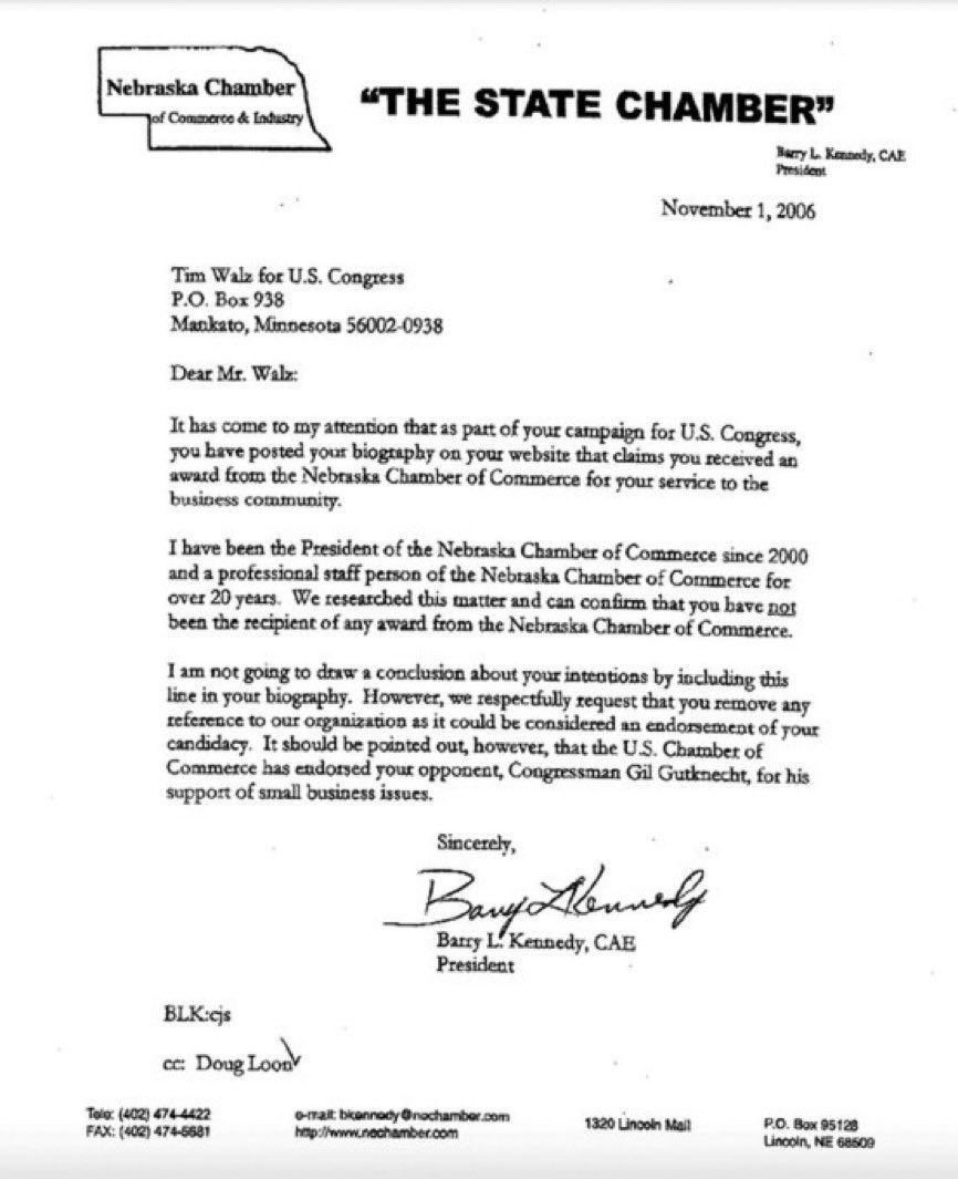 Bubblebathgirl's tweet photo. Tim Walz lied about receiving an award from the Nebraska Chamber of Commerce.

This letter from its president lambasts Walz and demands he retracts his lies. https://t.co/yIgqBkhPuU