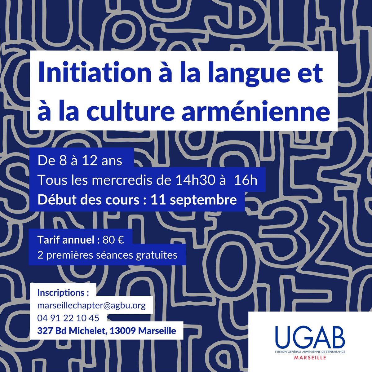 AuroreBruna1's tweet photo. Votre offre de cours à l’UGAB #Marseille pour cette rentrée
#armenie #échecs #piano #culture #UGAB #Agbu https://t.co/gQDc469se4