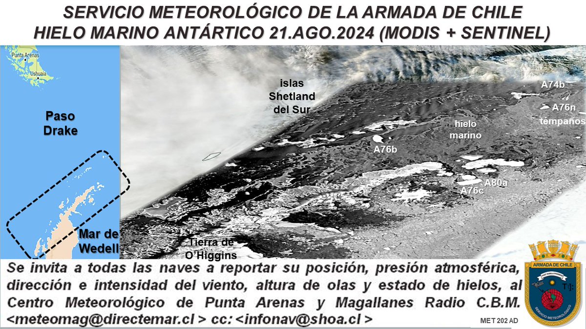Off_Valpo's tweet photo. @MagellanSpace @Servimet_Armada @SAF_CL @Armada_Chile @DGTM_Chile @meteochile_dmc @sernapesca @SubpescaCL @defis_eu @min_ciencia @mindefchile @subtel_chile @AisenEtcheverry @Fundacion_CEQUA @ICEYEfi @Minrel_Chile @ACHIDE2 [NUEVO] radio aviso náutico N°283 https://t.co/bJgjcOGkwd monitoreo satelital #témpanos tabulares gigantes #A76b #A76c #A76n en Estrecho #Bransfield y Mar de #Wedell https://t.co/PJ7ZuGyeO5 situación actual del #hielo marino  frente a las islas #Shetland del #Sur en la #Antártica https://t.co/iUXMBFaImN