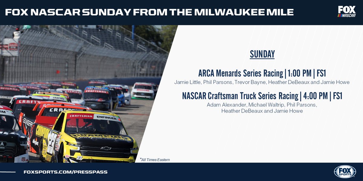 FOXSportsPR's tweet image. It's a @NASCAR_Trucks &amp;amp; @ARCA_Racing Series doubleheader Sunday from @TheMKEMile. Catch all the action live on @FS1 beginning at 1:00 PM ET.
