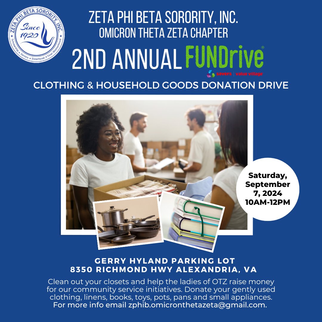 Save it, Bag it, and Bring it! Help the ladies of OTZ by donating gently used clothing and household goods to our FUNDrive.

#ZPhiB1920 #FairfaxZetas #Service #Sustainablity #EmbracetheExtraordinary