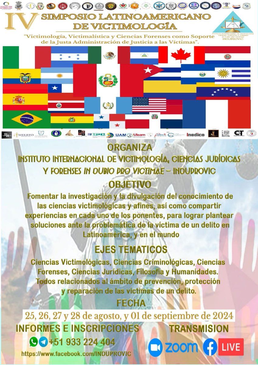 crodriguez1888's tweet photo. ¡Hola a todos! 

Os comparto que entre el 25 de agosto y el 1 de septiembre, se realizará el «IV Simposio Latinoamericano de #Victimologia» que organiza INDUPROVIC. Estaré participando con amigos y grandes profesionales. El evento es gratuito y online. Más info👇👇👇 https://t.co/Ja8EIdbIti