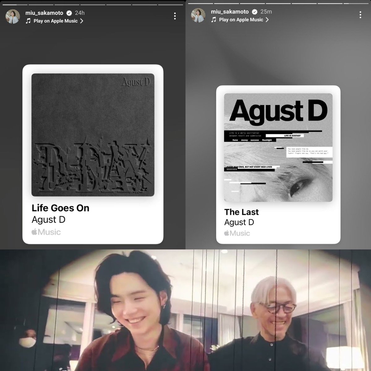 sugamihoney's tweet photo. — Miu Sakamoto, la hija del ya fallecido compositor, y productor discográfico japonés Ryuichi Sakamoto compartió The Last y Life Goes On de #AgustD en su historia de instagram, apoyándolo en estos grandes momentos 🩵

WE LOVE YOU YOONGI
#YoongiNeverWalksAlone
#BesideSUGA https://t.co/wnJUFE0URP