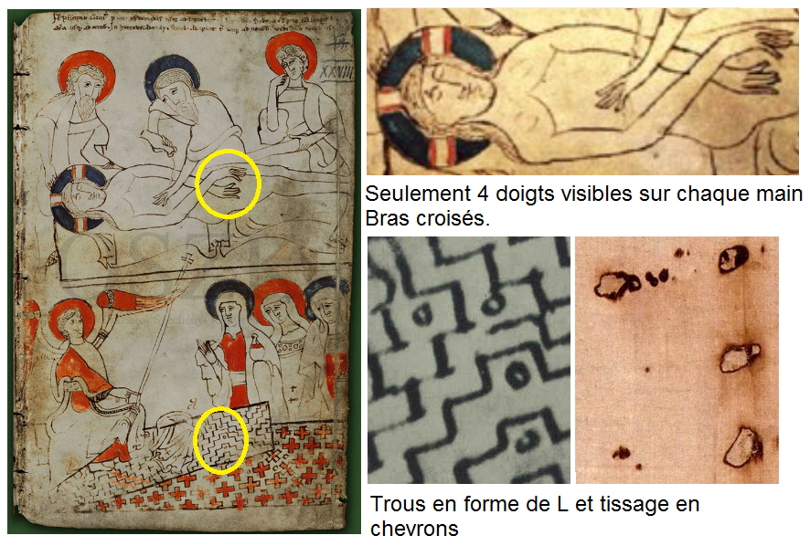 Victoire10101's tweet photo. @Fleurdelotus91 @YvesPDB Le codex de Pray daté du 12e contient une illustration semblable au linceul (suaire) de Turin.
- pouces repliés (non visibles) et bras croisés 
- tissage en chevrons
- trous en forme de L https://t.co/CjdXa5yJ3M