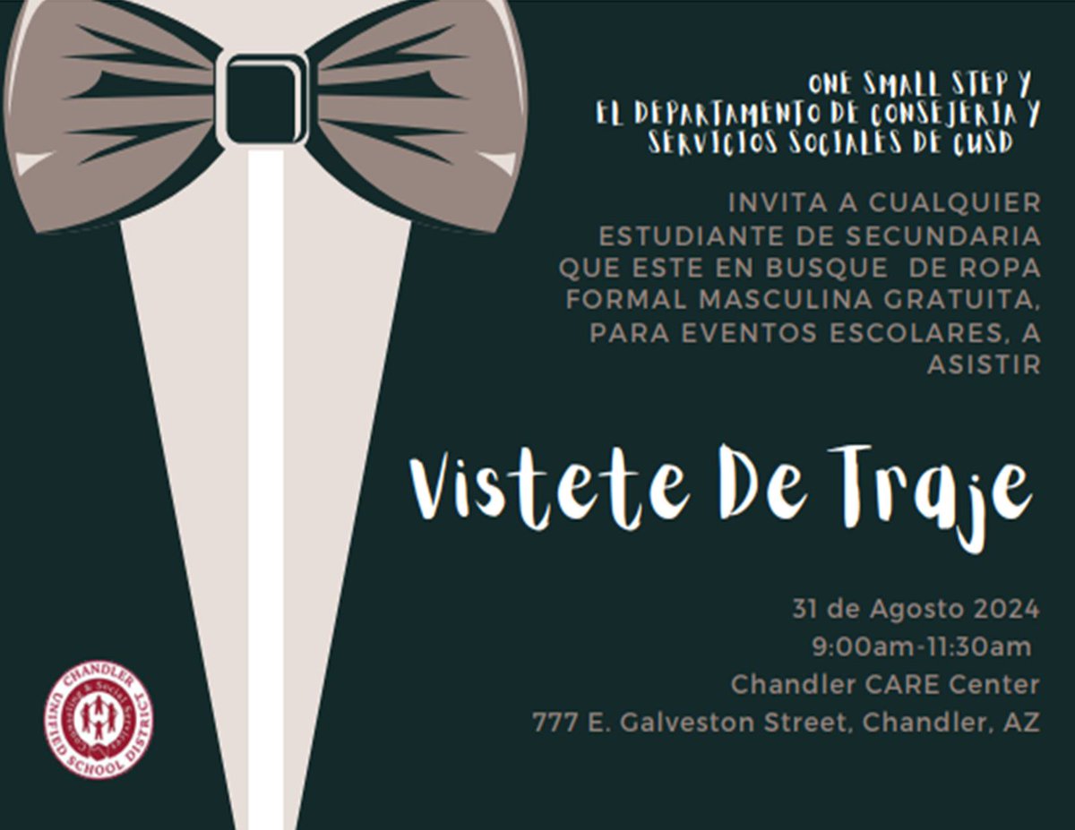 Chandler Unified School District (@chandlerunified) on Twitter photo High school students: Seeking menswear for formal events this year? Join us for Suit Up! Formal menswear including shoes, ties, pants, shirts, and outerwear will be provided at no cost.
Come to the <a href="/ChandlerCARECtr/">Chandler CARE Center</a> on Saturday, August 31 from 9 - 11:30 a.m. #WeAreChandlerUnified High school students: Seeking menswear for formal events this year? Join us for Suit Up! Formal menswear including shoes, ties, pants, shirts, and outerwear will be provided at no cost.
Come to the <a href="/ChandlerCARECtr/">Chandler CARE Center</a> on Saturday, August 31 from 9 - 11:30 a.m. #WeAreChandlerUnified