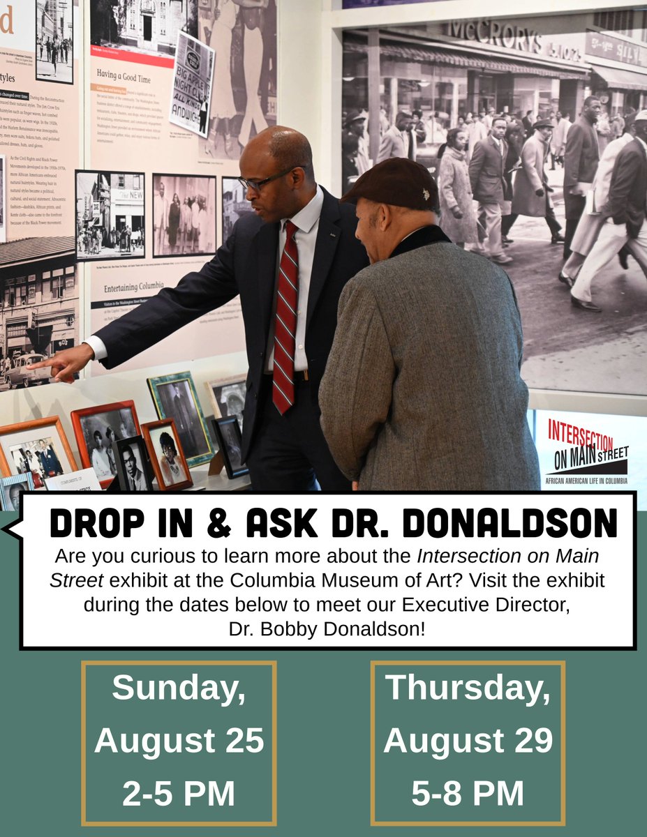 Center for Civil Rights History & Research (@uofsccrc) on Twitter photo Come out to our free "Intersection on Main Street," exhibit on display in the <a href="/ColaMuseum/">Columbia Museum of Art</a> and ask our Executive Director, Dr. <a href="/bdonaldson93/">Bobby Donaldson</a>, any questions you may have about the exhibit! He will be in the gallery TOMORROW, August 25, from 2 to 5 pm, and August 29, from 5 to 8 pm. Come out to our free "Intersection on Main Street," exhibit on display in the <a href="/ColaMuseum/">Columbia Museum of Art</a> and ask our Executive Director, Dr. <a href="/bdonaldson93/">Bobby Donaldson</a>, any questions you may have about the exhibit! He will be in the gallery TOMORROW, August 25, from 2 to 5 pm, and August 29, from 5 to 8 pm.