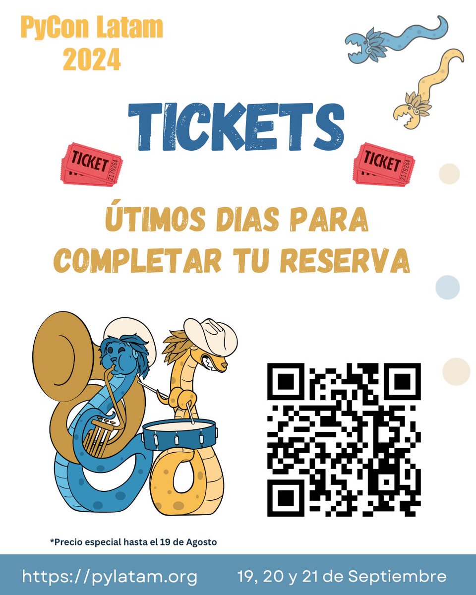 PyLatam's tweet image. ¡⏰ Últimos días para completar el pago de tu reserva y asegurar tu ticket para asistir a #PyConLatam 2024! 🎟️ No te quedes fuera de esta gran conferencia.

👉 Boletos: pylatam.org/tickets/

#Python 
#PyConLatam2024