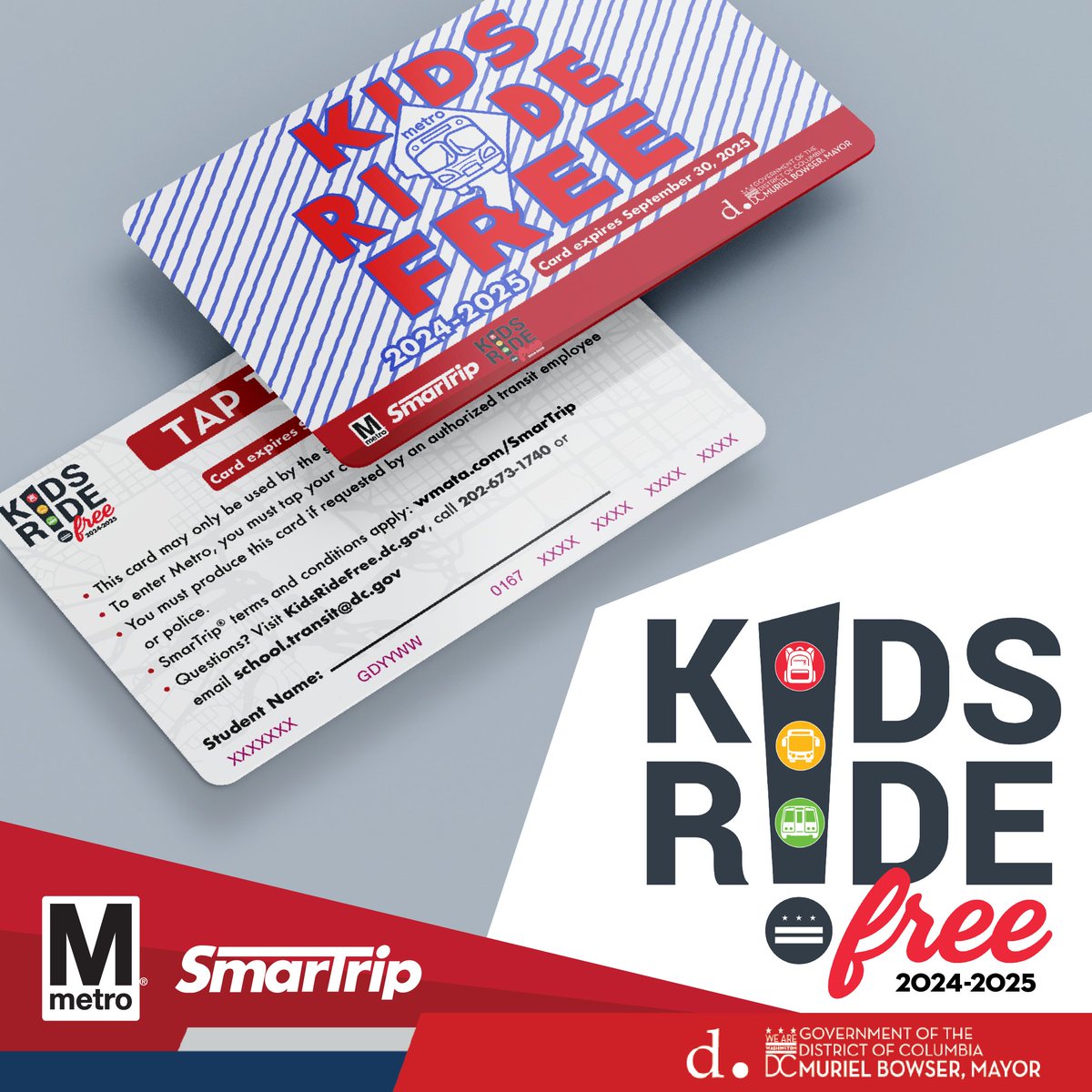 DDOTDC's tweet photo. Get ready for the new school year with #KidsRideFree! Students aged 5-21 in #DC ride free on Metrorail & Metrobus and #DCCirculator. New 2024-2025 cards will be distributed to DC schools, while SY 2022-2023 cards are valid until September 30, 2024. 🔗 https://t.co/Zg7aHgnMIA https://t.co/acQoPLTnni