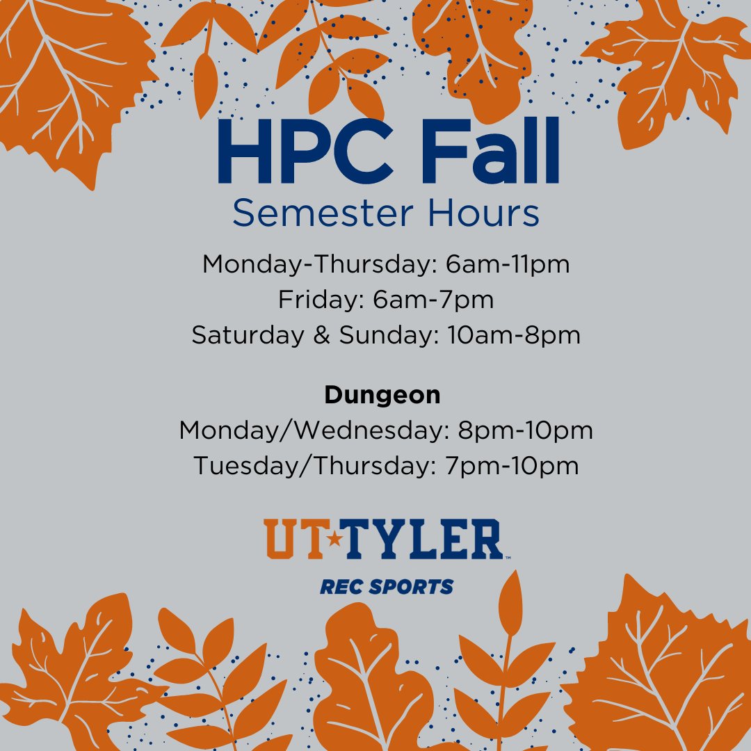 uttrecsports's tweet image. Welcome back, Pats! Regular hours start tomorrow (8/25) at the HPC! #RecSports #UTTyler #HPC