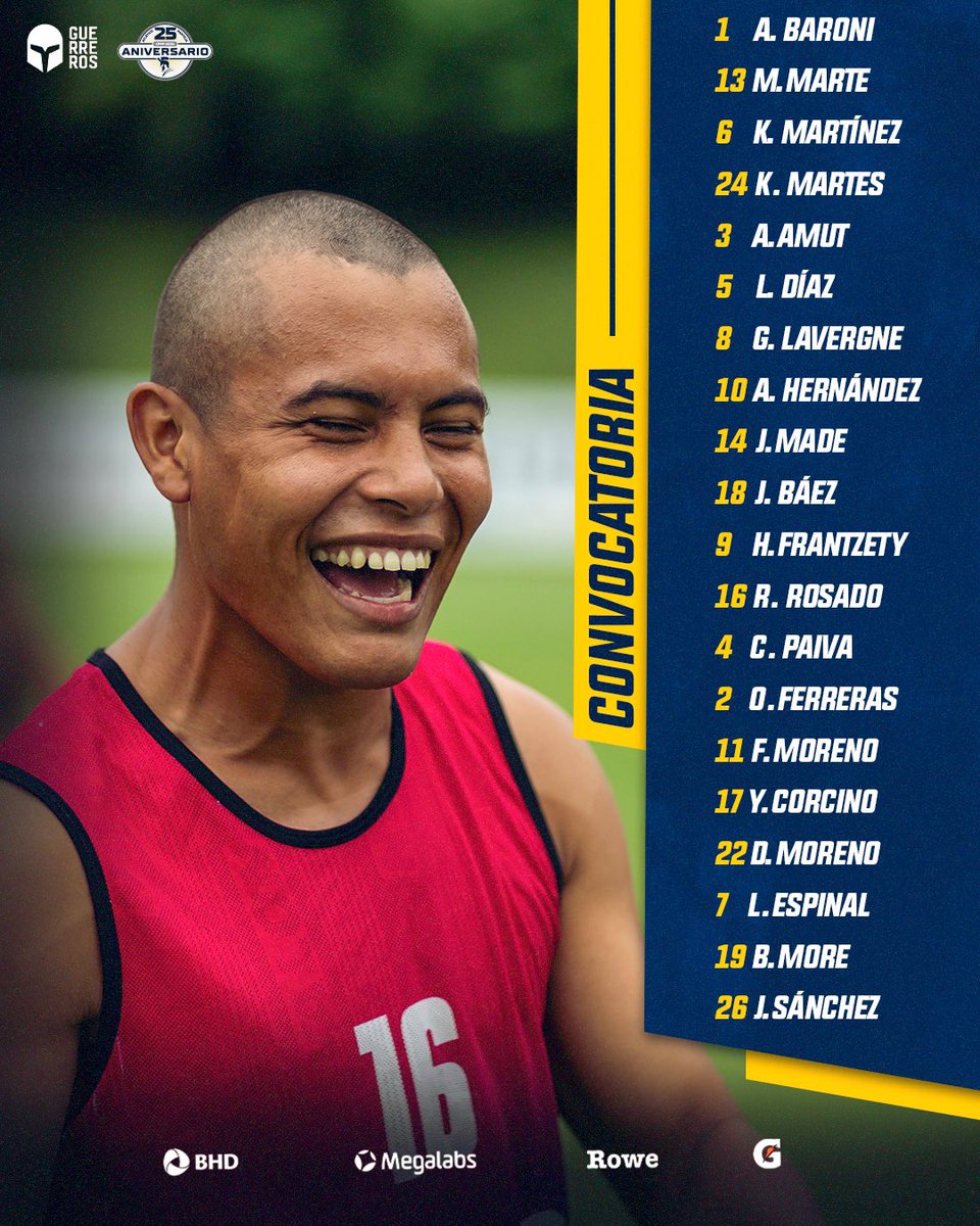 ¡CONVOCATORIA GUERRERA!

Estos son los 20 GUERREROS convocados por Jesús Quintero para enfrentar a Atlántico FC en el partido de la 10ma jornada de la #Liguilla de la LDF.

¡VAMOS! 💙💛💙

🆚 Atlántico FC
🏟 Panamericano  
🗓️ 24/08
⏰ 4 P. M.
📺 YouTube 

#SomosGuerreros