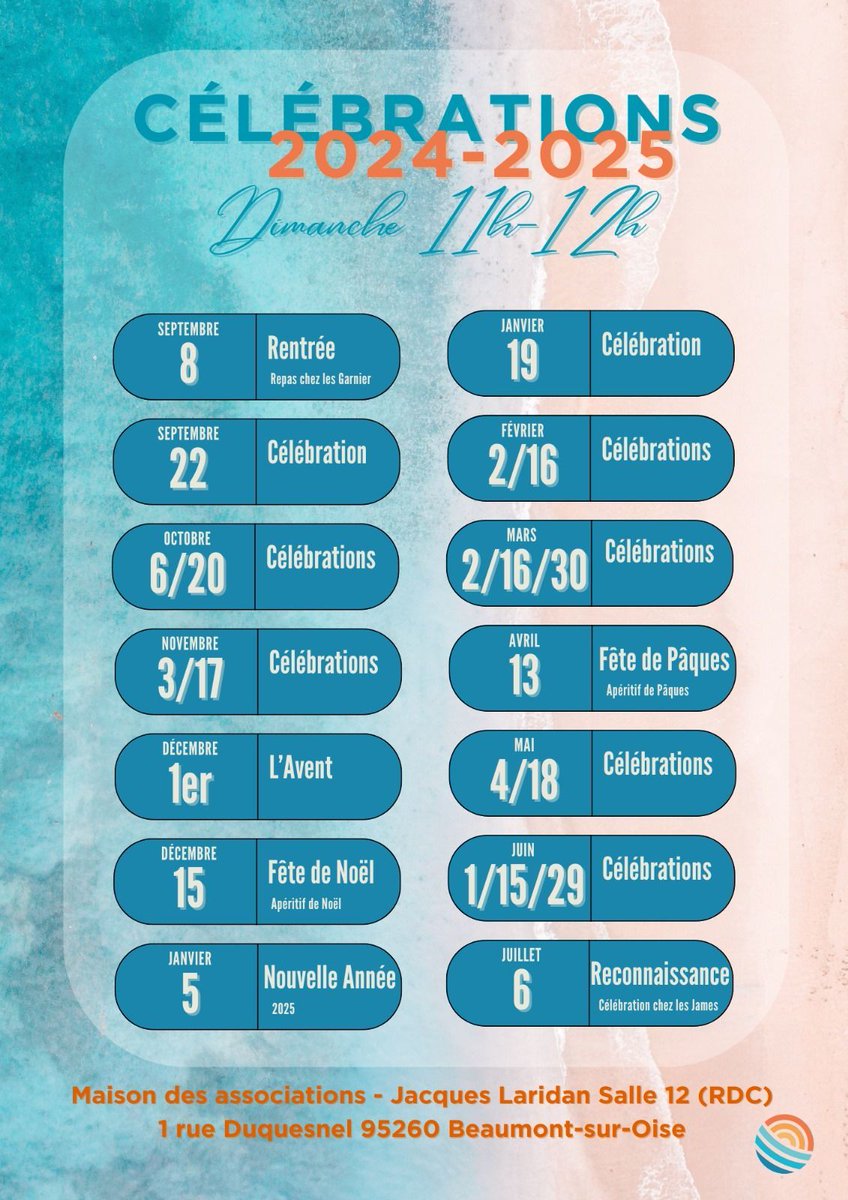 SAVE THE DATES
Le planning des célébrations de L'Oasis est enfin prêt !
Venez nous rejoindre pour des temps de qualité, de joie, de sérénité...
Une activité sera proposée aux enfants et une garderie pour les petits alors venez en famille !
#celebration #loasisbeaumont
