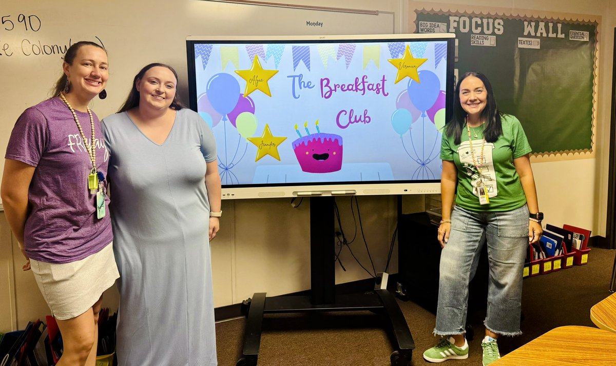 Our August birthday ladies! Mrs. Cardona, Mrs. Lagrone, &amp; Ms. Anderson 🥳 thank you to <a href="/MrsSiglerMJE/">Felicia Sigler</a> for setting up our first breakfast club of the year! 💜