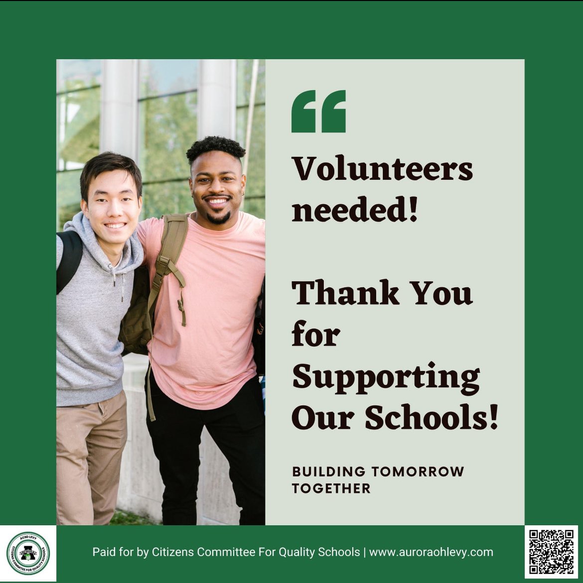 CCQS is looking for neighborhood Captains, creation and communication skillsets, and support/resources (seeking endorsements, fundraising). If you are looking for a way to get more involved, please reach out. #BuildingTomorrowTogether #SupportOurSchools