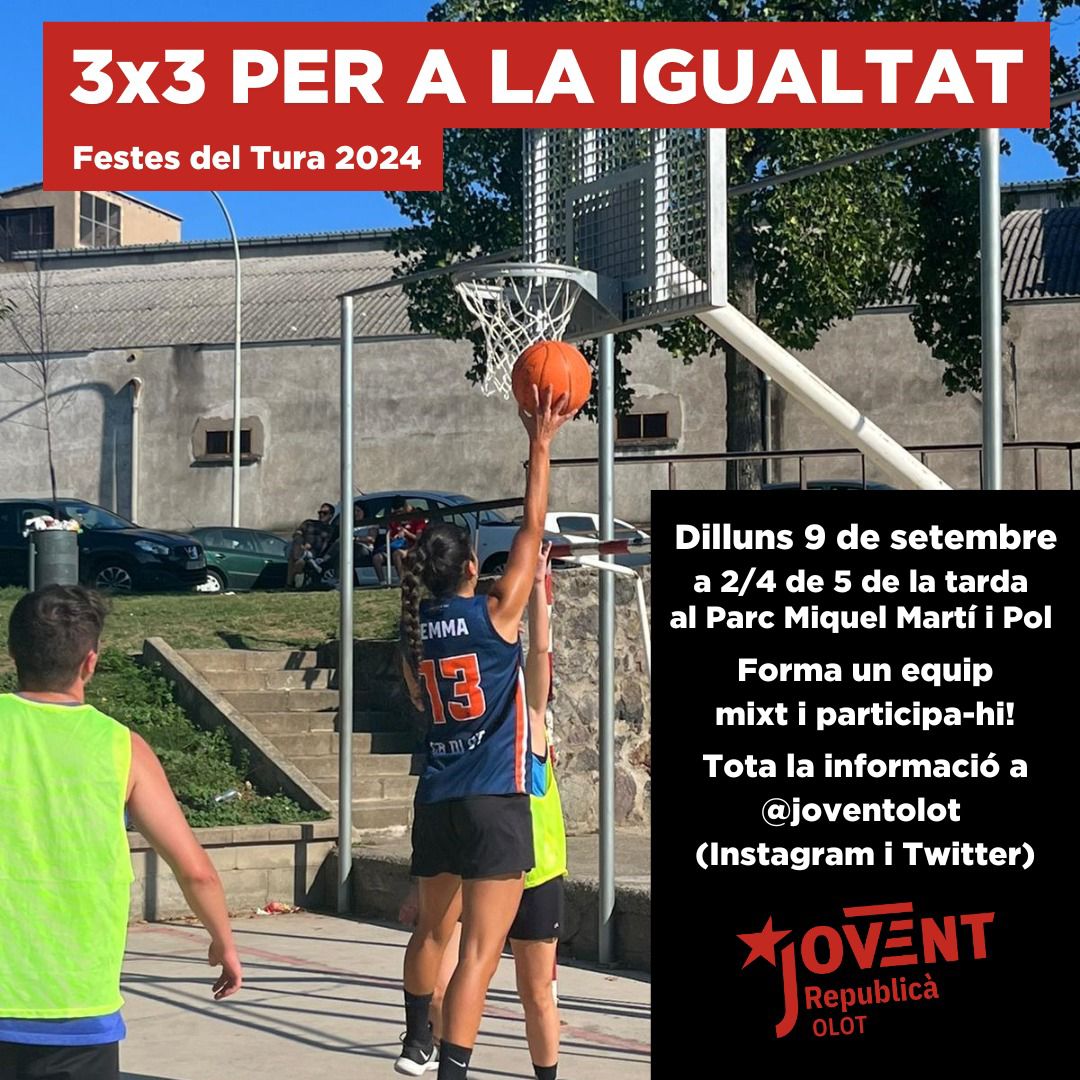 JoventOLOT's tweet photo. 🏀 VI Torneig 3x3 de BÀSQUET per a la IGUALTAT 🏀

👥 Equips mixtos de 3 a 5 persones d’entre 14 i 28 anys

🗓️ Dilluns 9 de setembre
⏰ 16:30
📍 Parc Miquel Martí i Pol (Olot)
💶 10€/equip (Bizum al 622254466)

👀 Premi per a l’equip guanyador

❗️Inscripcions a la BIO https://t.co/XUlGTTygYm