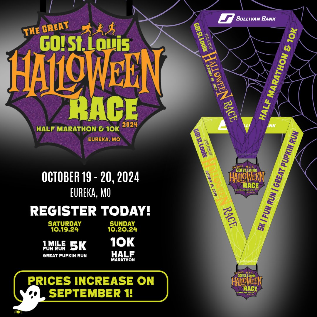 👻🎃 Price increases for the Halloween race are sneaking up behind you! Sign up before 9/1 and receive treats like our super cool medal, 2024 Halloween race shirt, and more. Lots of great new features and courses this year. Be a part of our boo crew!!

gostlouis.org/races/the-grea…
