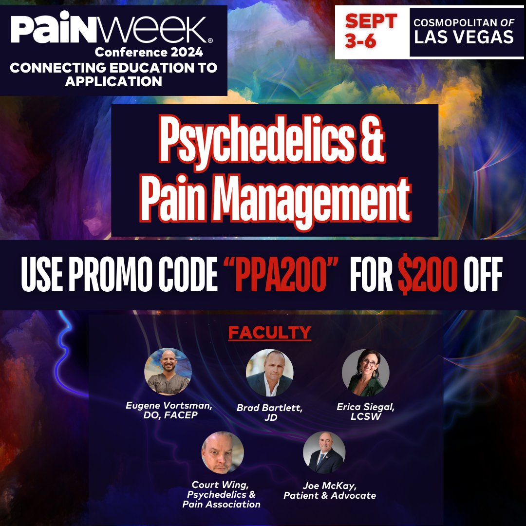 REMAPTherapy's tweet image. Joe McKay @Cluster_buster &amp;amp; Court Wing @REMAPTherapy share their own stories of using psychedelics to treat chronic pain @PAINWEEK in their new psychedelic track.  Sept 3-6 in Las Vegas, CME credit offered. Use code “PPA200” to get $200 off registration. painweek.org/conferences/pa…