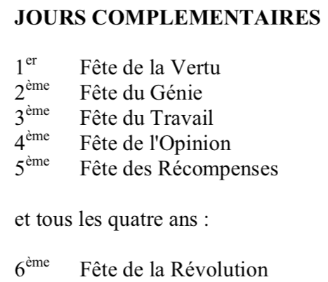 1792_1815's tweet photo. 24 août 1795 Les jours sans-culottides du calendrier républicain prennent le nom de jours complémentaires. Au nombre de 5 (un 6ème les années bissextiles), ils sont nommés : vertu, génie, travail, opinion, récompenses et révolution et sont placés à la fin du mois #fructidor. https://t.co/UkOZ66N7wE