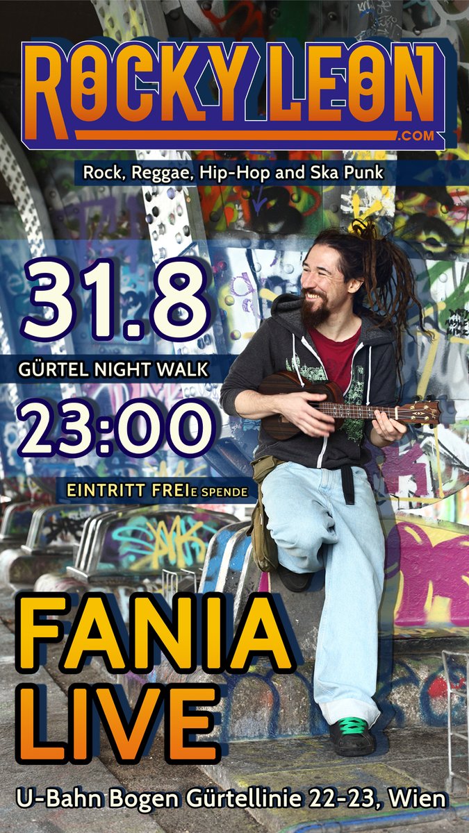 RockyLeon's tweet photo. NEXT SATURDAY! (31/8)

I'll be performing live @fanialive, starting at 23:00.
Save the date! I'll be performing new unreleased songs as well! :D

#guertelnightwalk #vienna #livemusic #rockyleon #ska #rock #reggae #electricguitar #ukulele #fanialive #musicfromaustria https://t.co/e1XwwU25To