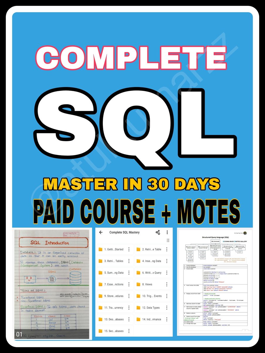 codeMdSanto's tweet image. I'm deleting this soon because Its Paid  SQL Zero To Hero (Complete Notes) 📝

Paid BOOKS &amp;amp; NOTES Freee - 72 Hours ⏰𝗪𝗼𝗿𝘁𝗵 $200,  𝗕𝘂𝘁 𝗙𝗥𝗘𝗘 3 DAY

Complete 5 BOOKS  Zero To Hero

Simply:
1. Follow @codeMdSanto (so I will Dm)
2. Like and Rpst
3. Cmnt “send” 🧲