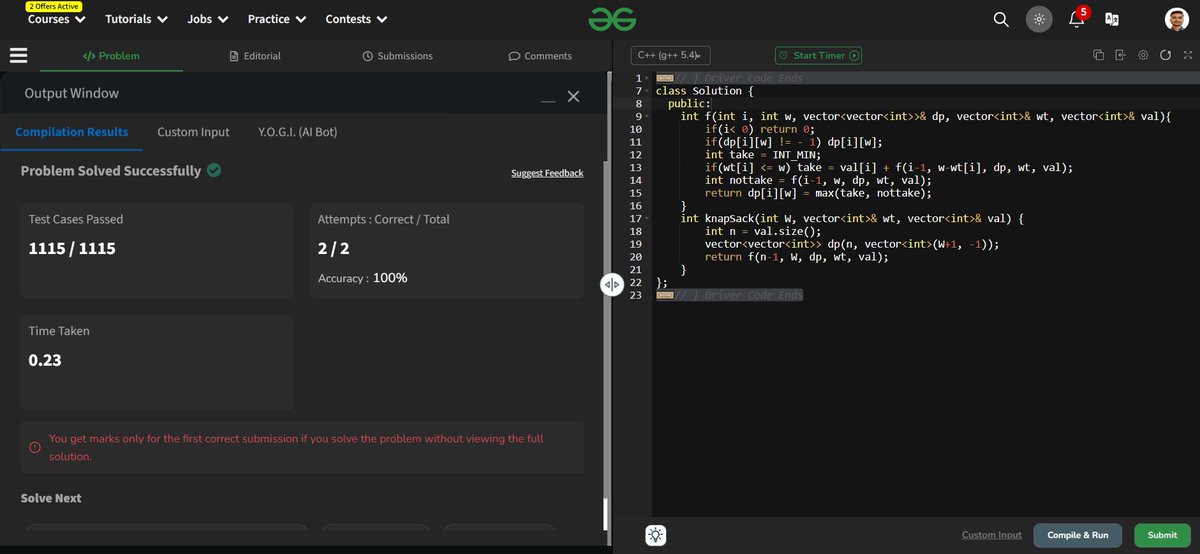 #geekstreak2024    Today's #potd : 0 - 1 Knapsack Problem