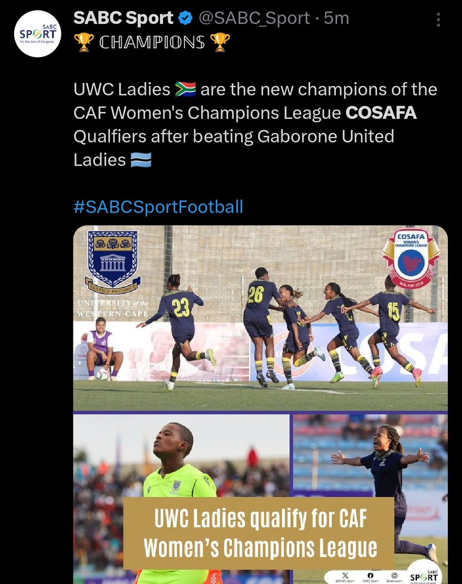 South Africans are a bunch of winners. We celebrate throughout.
Congratulations to <a href="/UWConline/">UWC</a> 
🇿🇦

#cosafa 
#sabcsportfootball
<a href="/SSFootball/">SuperSport Football ⚽️</a> 
#SouthAfrica