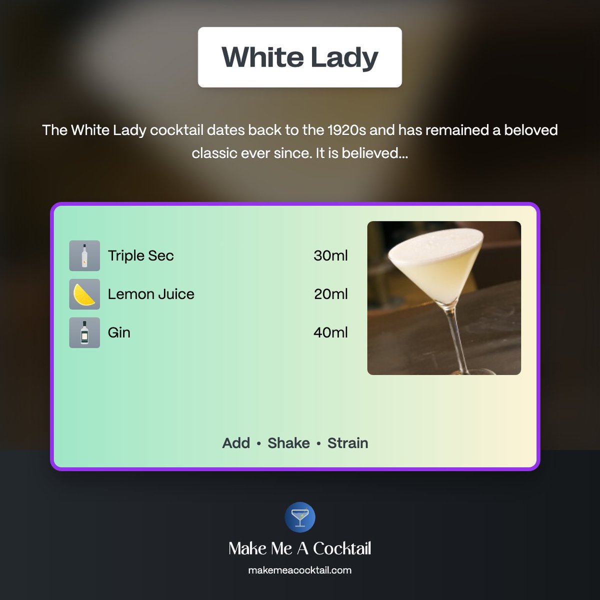 makemeacocktail's tweet image. Got a classic spirit? Sip-Clink-Repeat with our stunning 'White Lady' cocktail 🍸. A veteran from the 1920s with a flavor that's still smashing it today! 🍋✨#CocktailLove #GinLovers
makemeacocktail.com/cocktail/6808/…