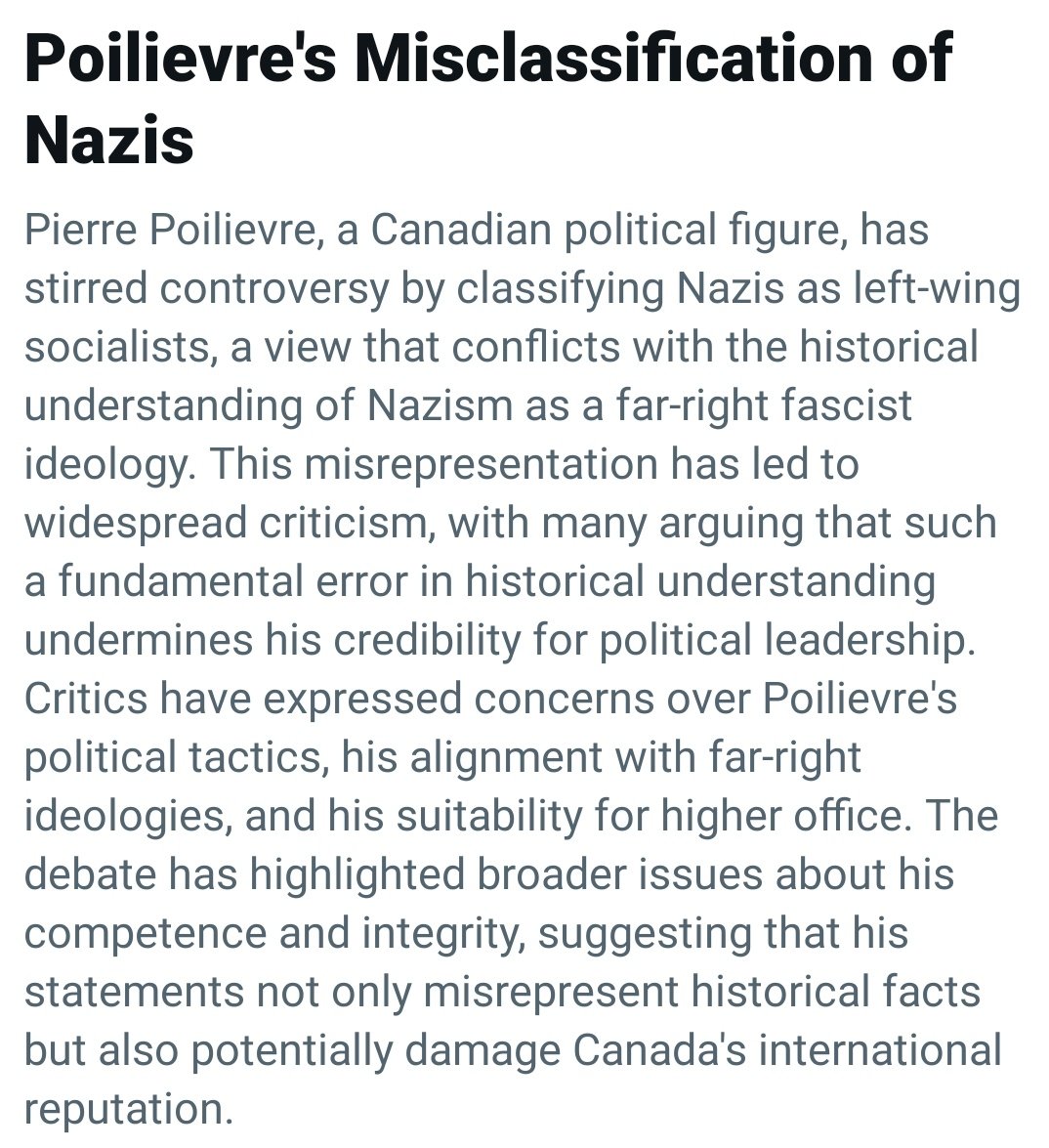 "This misrepresentation has led to widespread criticism with many arguing that such a fundamental error in historical understanding undermines his credibility for political leadership." 

#PoilievreIsALiar 
#CanadiansAgainstPoilievre 
#NeverVoteConservative 🇨🇦