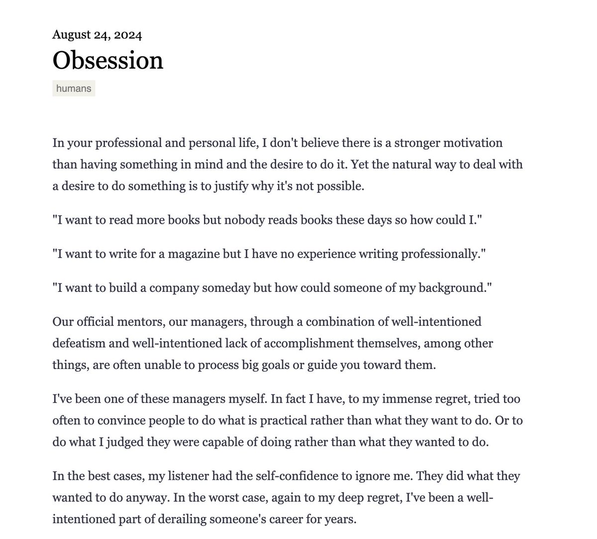 eatonphil's tweet image. I wrote an essay on my mistakes trying to convince people to do something, on doing what you want to do, and on obsession.

Ended with a personal note on developing healthy discipline, and having fun. :)

notes.eatonphil.com/2024-08-24-obs…