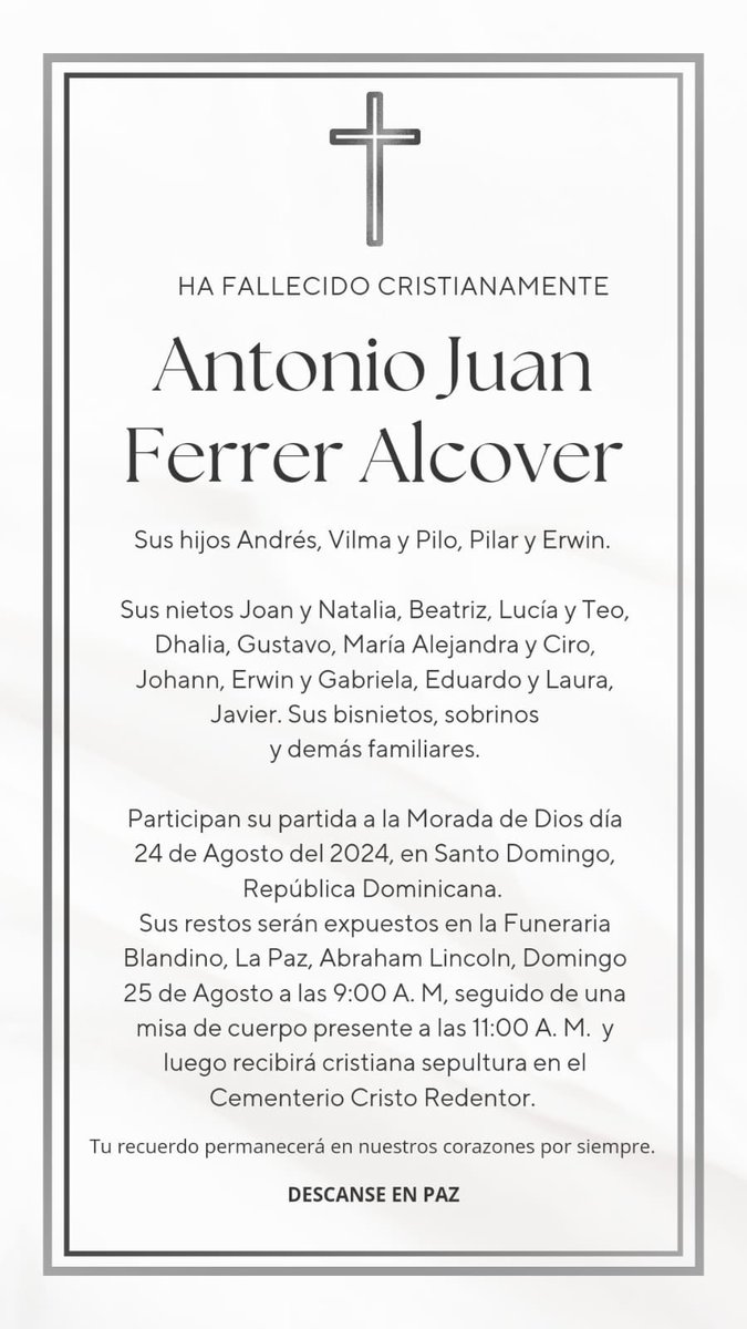 Mi abuelo Antonio Juan Ferrer Alcover ha fallecido esta madrugada a los 104 años de edad, y justo a 4 años de la partida de mi abuela, su esposa,Vilma Benzo. El español más longevo de América se fue en paz.