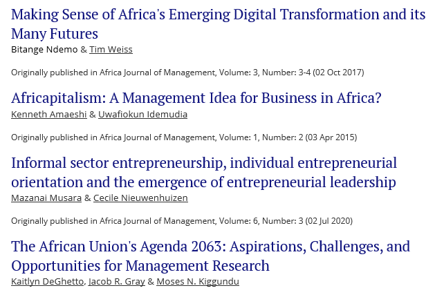 tandfonline.com/journals/rajm2…

All articles in the Collection are Open Access through the end of 2024.
Africa Journal of Management 10-Year Anniversary Collection
We are proud to offer this special collection of the most read and cited articles from our first decade in print.