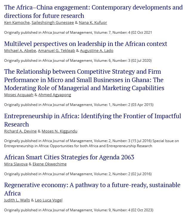 tandfonline.com/journals/rajm2…
All articles in the Collection are Open Access through the end of 2024.
Africa Journal of Management 10-Year Anniversary Collection
We are proud to offer this special collection of the most read and cited articles from our first decade in print.