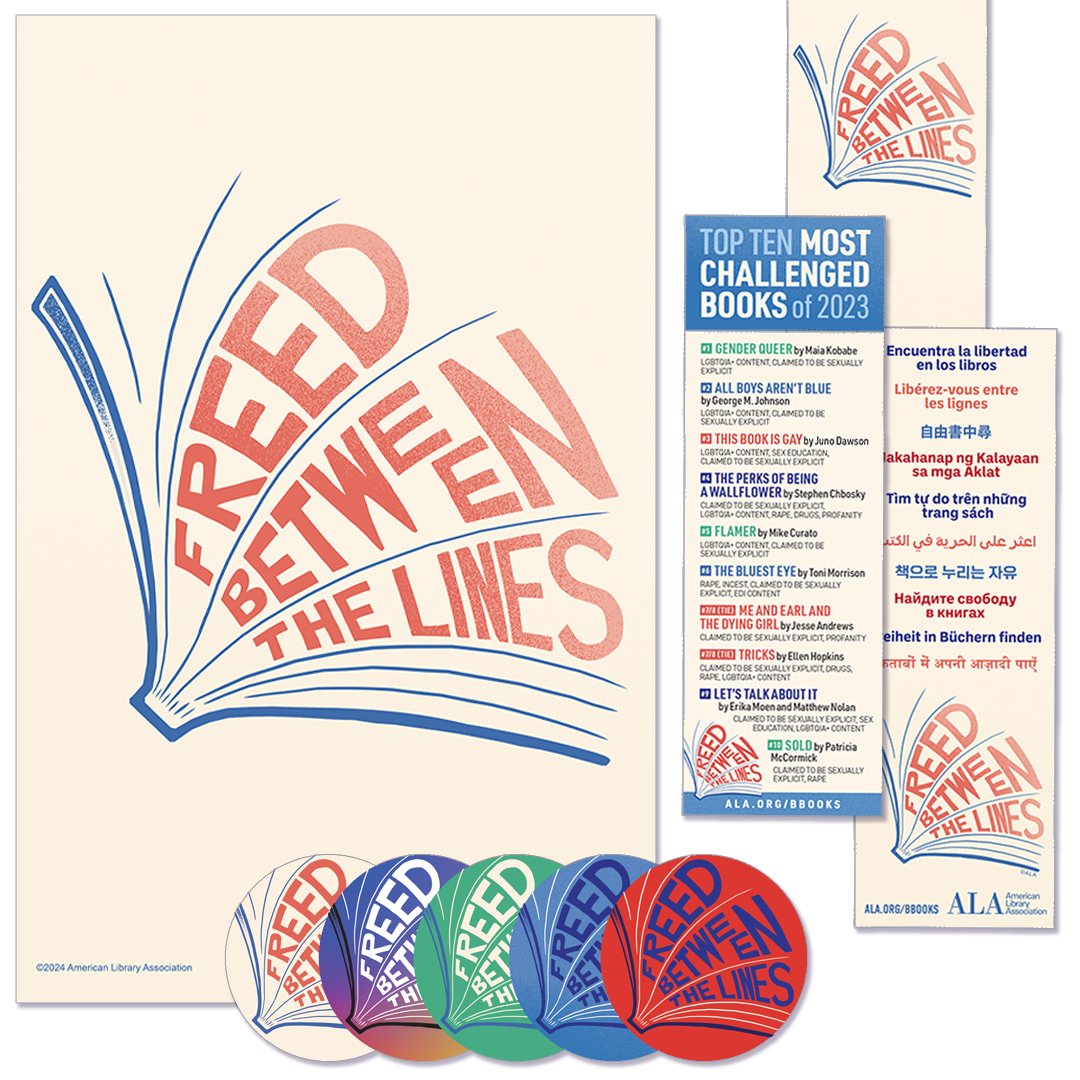 Get ready for #BannedBooksWeek with posters, stickers, buttons, bookmarks, and more from the ALA Store. Order before September 5 to ensure delivery! 
alastore.ala.org/freed-between-…

#UniteAgainstBookBans